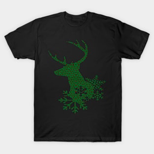 Red Flowers Green Deer Christmas Pattern T-Shirt